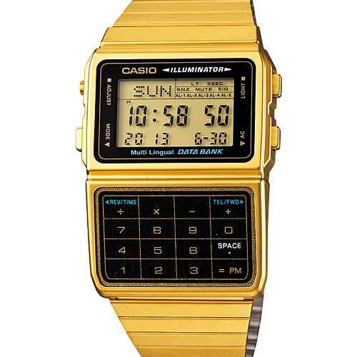 Casio Databank DBC-611G-1DF gold-tone stainless steel digital calculator watch with integrated bracelet and black LCD display