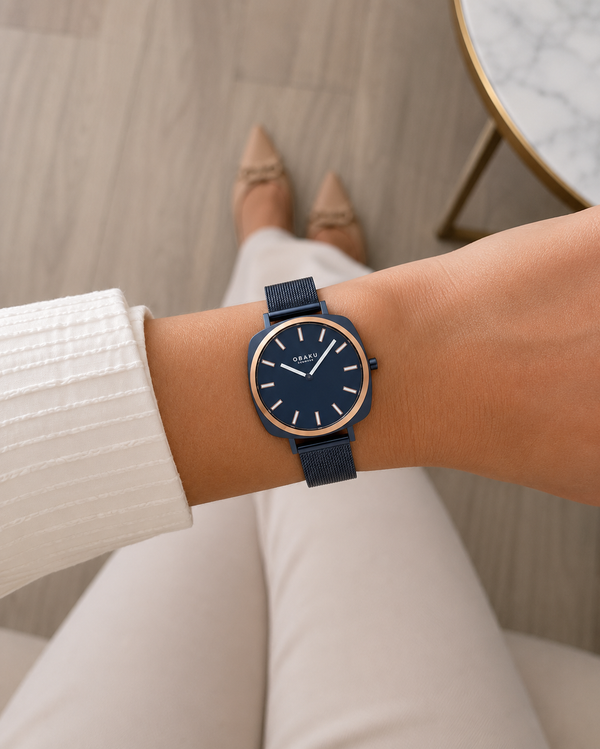 Obaku Punkter Lille Ocean Quartz Blue Dial IP Blue Mesh Ladies Watch (V296LXSLML)