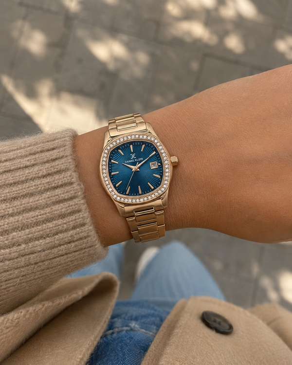 Daniel Klein Premium Quartz Blue Sunray Dial Rose Gold Stainless Steel Watch with Crystals (DK113866-5)