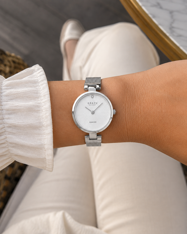 Obaku Diamant Petite Quartz White Dial Diamond Steel Mesh Watch 24mm (V256SXCIMC)