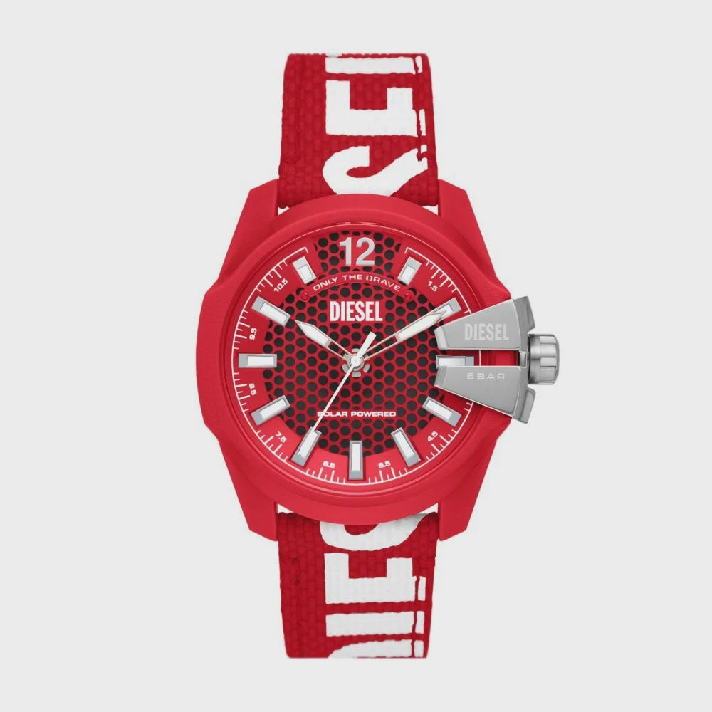 Diesel Baby Chief DZ4619 solar powered men's watch with red honeycomb textured dial, red RPET fabric strap, and stainless steel crown guard