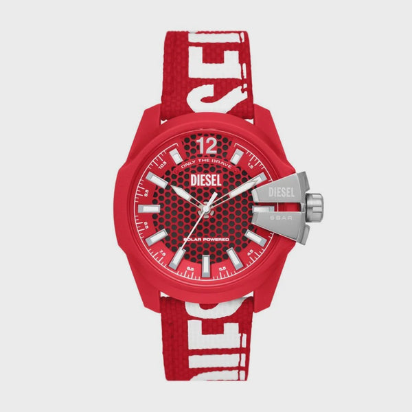 Diesel Baby Chief DZ4619 solar powered men's watch with red honeycomb textured dial, red RPET fabric strap, and stainless steel crown guard