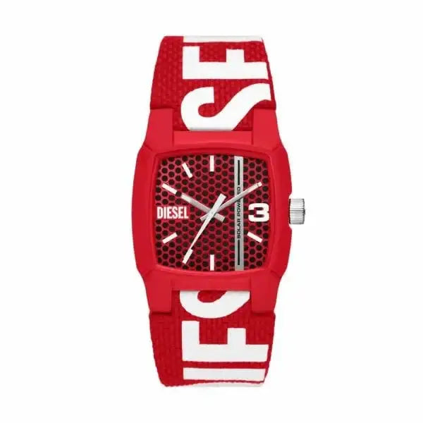 Diesel Cliffhanger DZ2168 solar powered red dial watch with recycled ocean plastic strap and cushion case