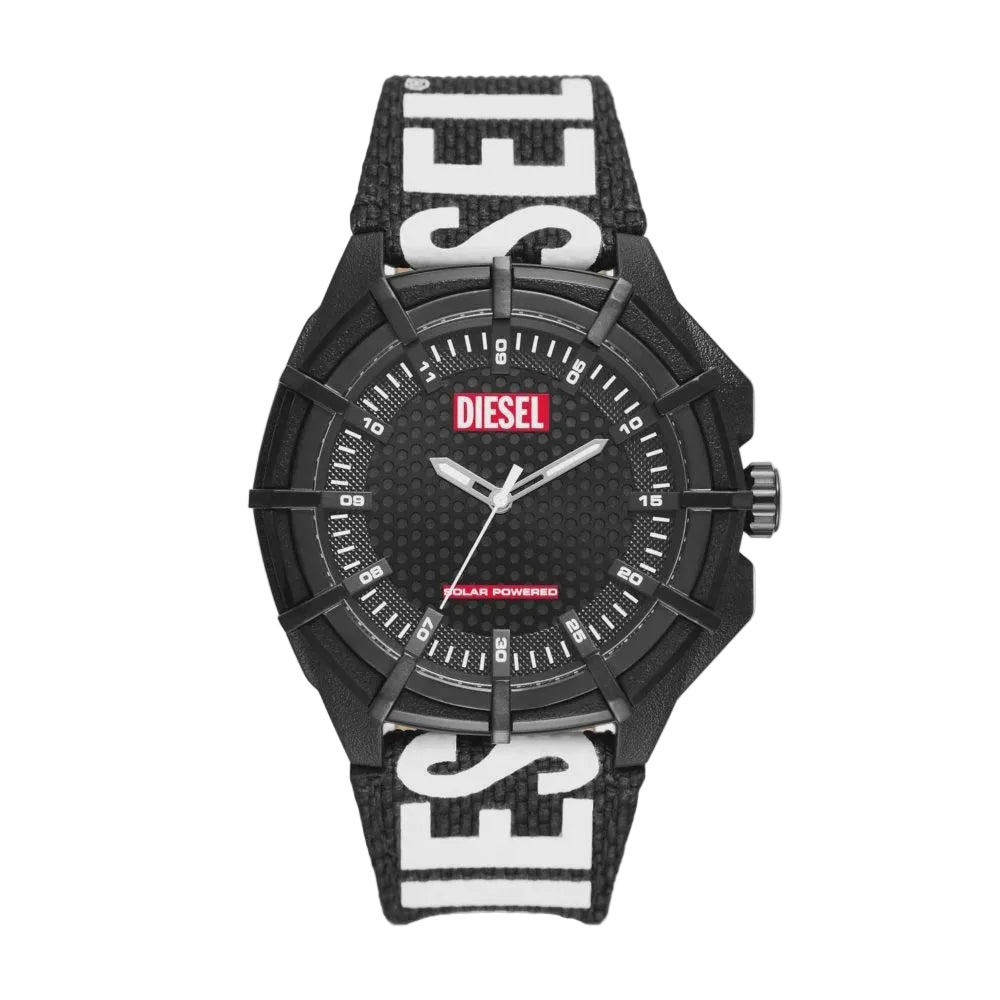 Diesel Framed DZ4654 solar powered black dial watch with 51mm bio-based case and recycled rPET textile strap with white branding