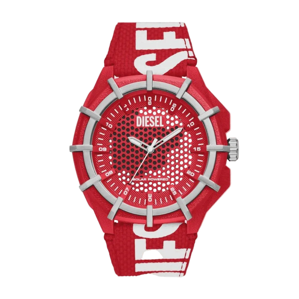Diesel Framed DZ4621 solar powered red watch with 51mm case, crosshair dial design and recycled rPET strap