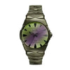 Diesel D-Sruptor Metamorph DZ2215 men's quartz watch with green to purple gradient dial, 42mm green stainless steel case, and sculptured link bracelet