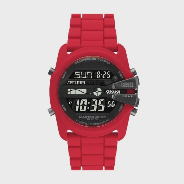 Diesel Master Chief DZ2159 digital quartz watch with red silicone case and strap, black negative display dial, 44mm round case