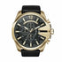 Diesel Mega Chief DZ4344 chronograph watch with 51mm gold tone stainless steel case, black dial with three sub-dials, and black leather strap
