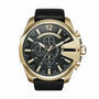 Diesel Mega Chief DZ4344 chronograph watch with 51mm gold tone stainless steel case, black dial with three sub-dials, and black leather strap