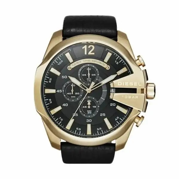 Diesel Mega Chief DZ4344 chronograph watch with 51mm gold tone stainless steel case, black dial with three sub-dials, and black leather strap