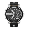 Diesel Mr. Daddy 2.0 DZ7313 quartz chronograph watch with 57mm stainless steel case, black multi-time zone dial, and black leather strap with rivet detailing