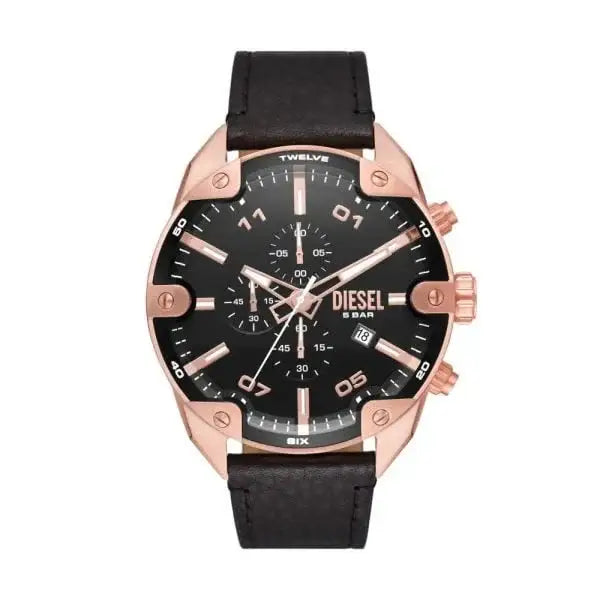 Diesel Spiked DZ4607 chronograph watch with 49mm rose gold-tone stainless steel case, black dial with three sub-dials, date display, and black leather strap