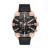Diesel Spiked DZ4607 chronograph watch with 49mm rose gold-tone stainless steel case, black dial with three sub-dials, date display, and black leather strap