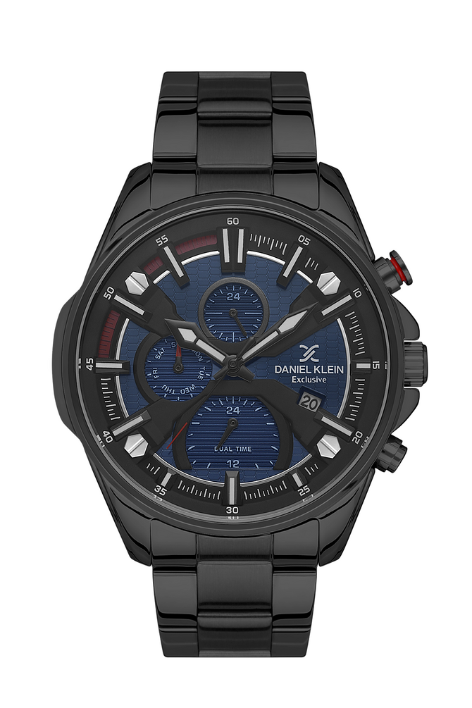 Daniel Klein Exclusive DK113387-12 men's chronograph watch with blue textured dial, black ion-plated stainless steel case and bracelet, dual time and date complications