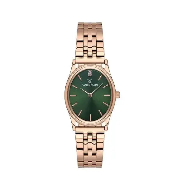 Daniel Klein DK.1.13606-6 women's quartz watch with green dial and rose gold PVD stainless steel bracelet, oval case design