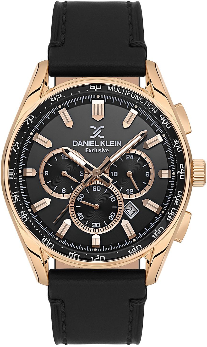 Daniel Klein Exclusive DK113902-3 multifunction chronograph watch with 43mm rose gold case, black dial, three sub-dials, tachymeter bezel, and black leather strap