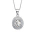 Sterling silver oval moissanite pendant necklace with double halo pavé setting on box chain by Cassim & Co.