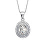 Sterling silver oval moissanite pendant necklace with double halo pavé setting on box chain by Cassim & Co.