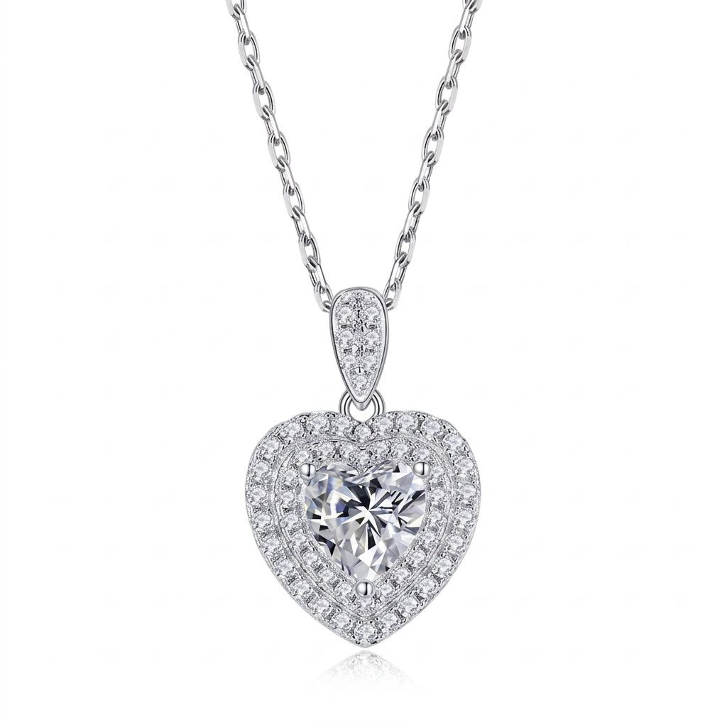 Sterling silver heart-shaped moissanite pendant necklace with double halo and rope chain by Cassim & Co Johannesburg
