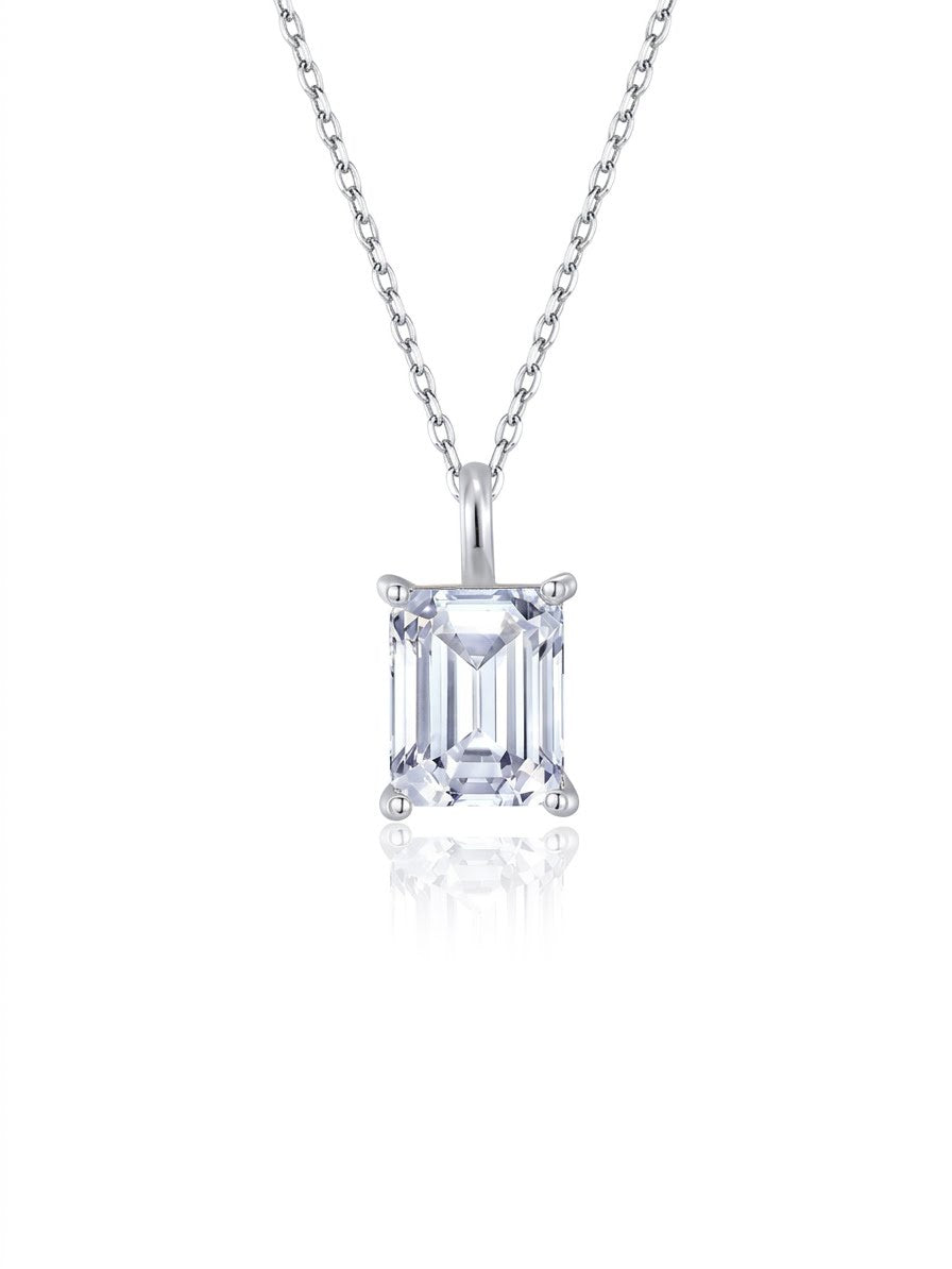 Sterling silver emerald cut moissanite solitaire pendant necklace on cable chain