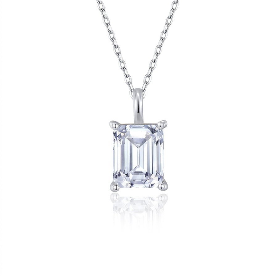 Sterling silver emerald cut moissanite solitaire pendant necklace on cable chain
