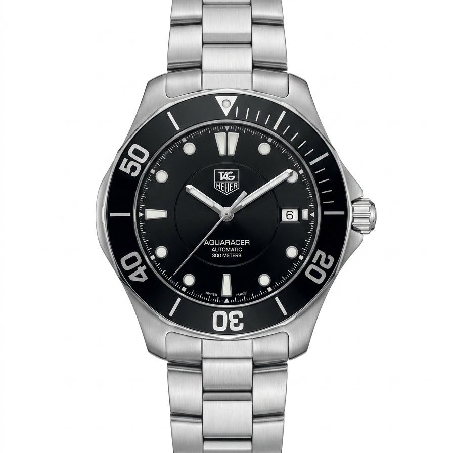 Pre-owned TAG Heuer Aquaracer WAB2010 automatic dive watch with black dial and stainless steel bracelet