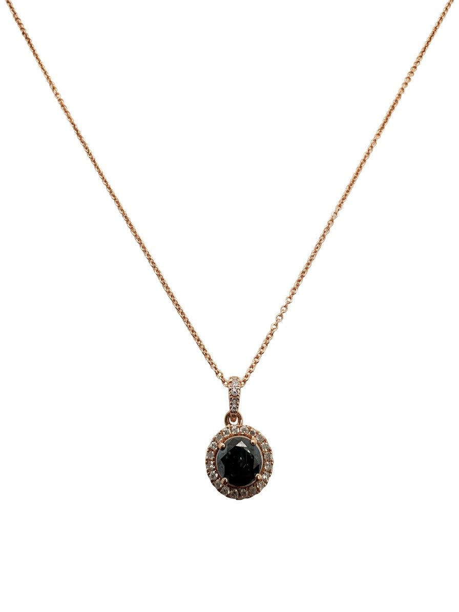 9ct rose gold pendant necklace with 0.69ct round black diamond and white diamond halo on rose gold chain