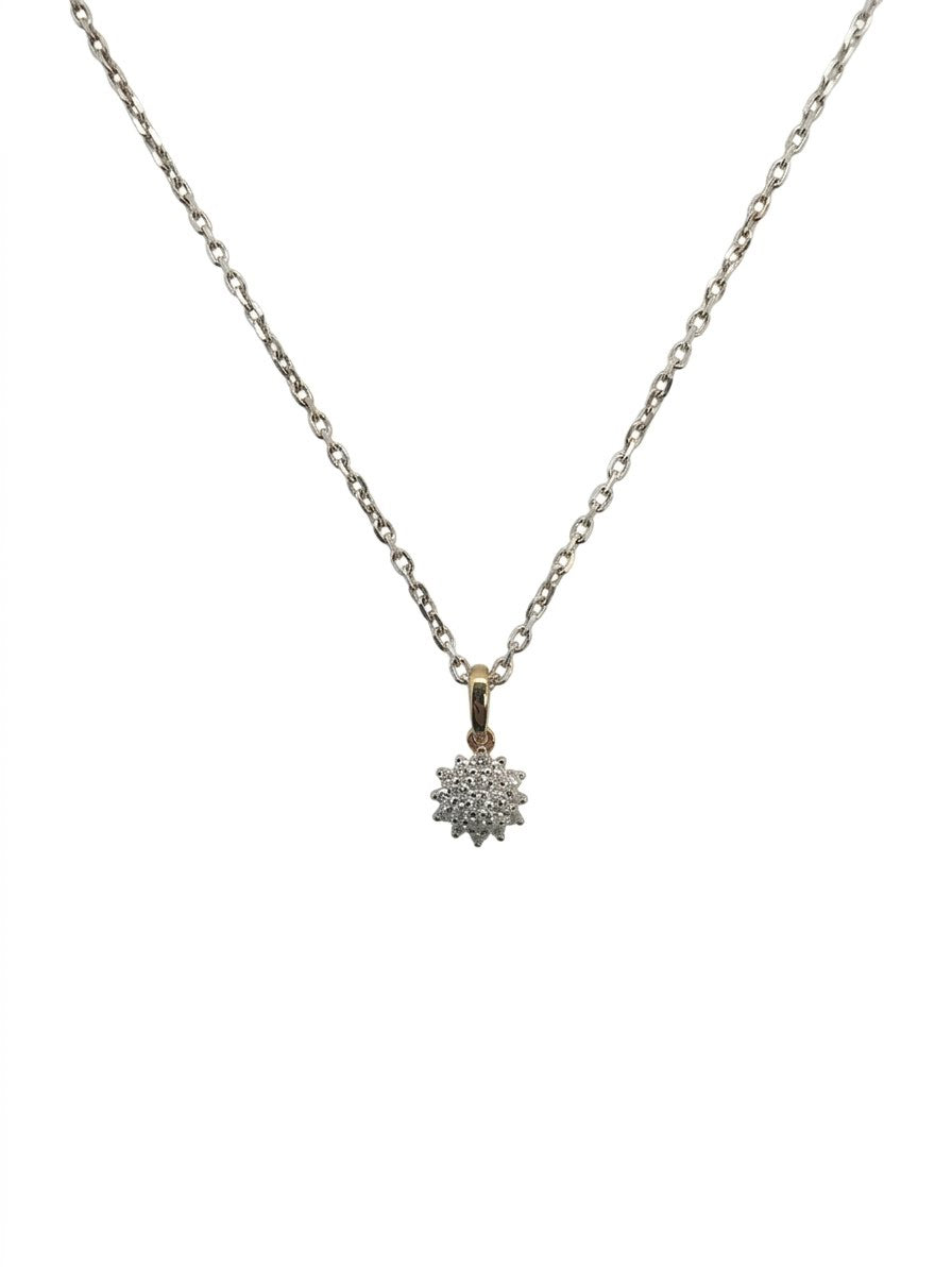 9ct white gold diamond cluster pendant necklace with 0.12ct natural diamonds in sunburst pavé setting on delicate chain