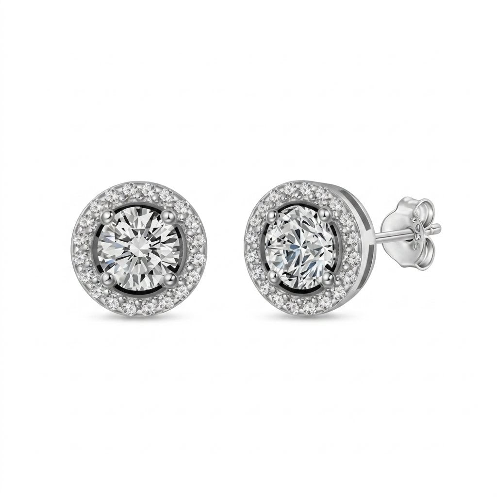 Sterling silver round moissanite halo stud earrings with brilliant centre stones and butterfly backs