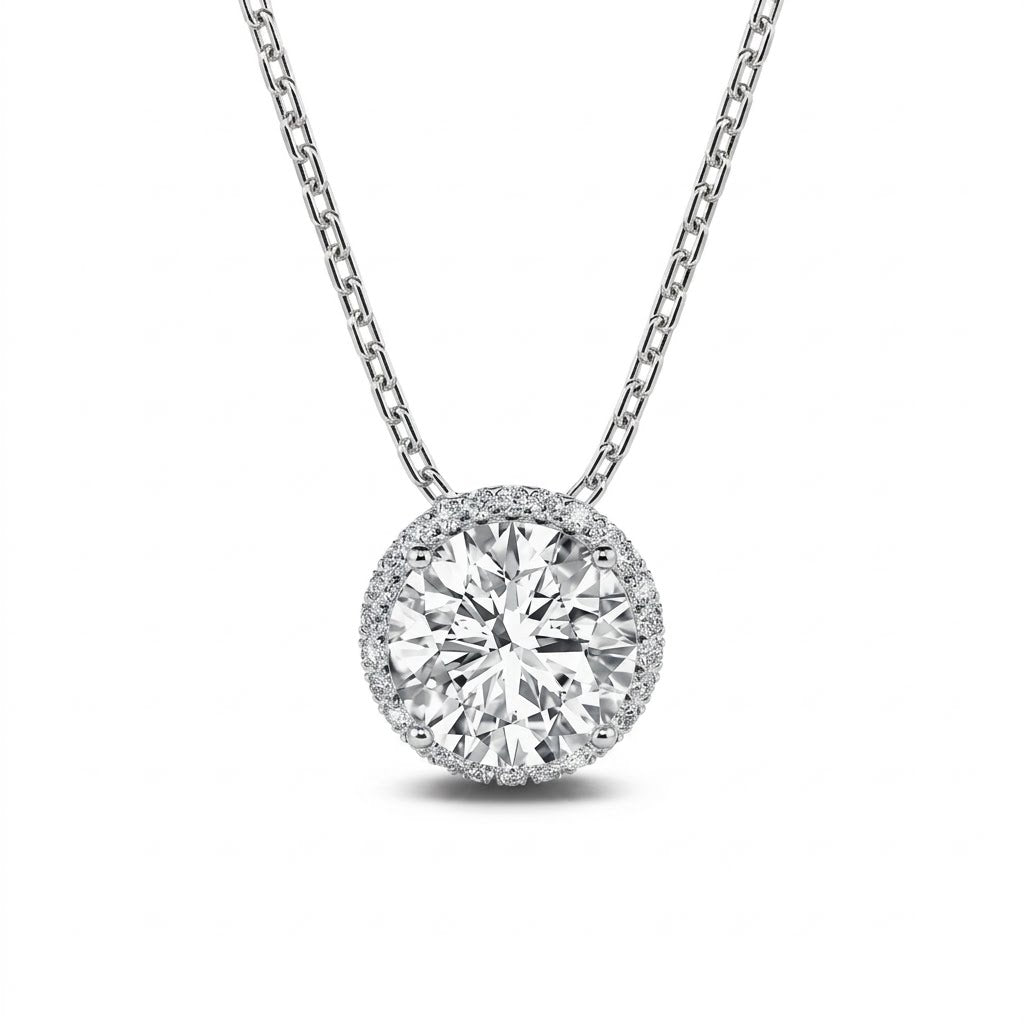 Sterling silver round moissanite halo pendant necklace on chain - Cassim & Co. Johannesburg