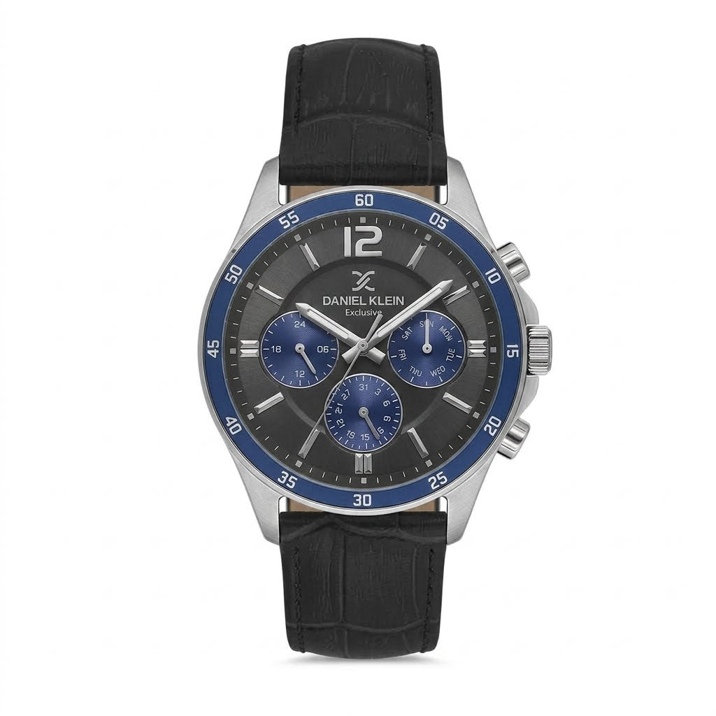 Daniel Klein Exclusive DK113973-4 multifunction chronograph watch with blue bezel, black dial, three blue sub-dials, and black embossed leather strap