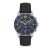Daniel Klein Exclusive DK113973-4 multifunction chronograph watch with blue bezel, black dial, three blue sub-dials, and black embossed leather strap