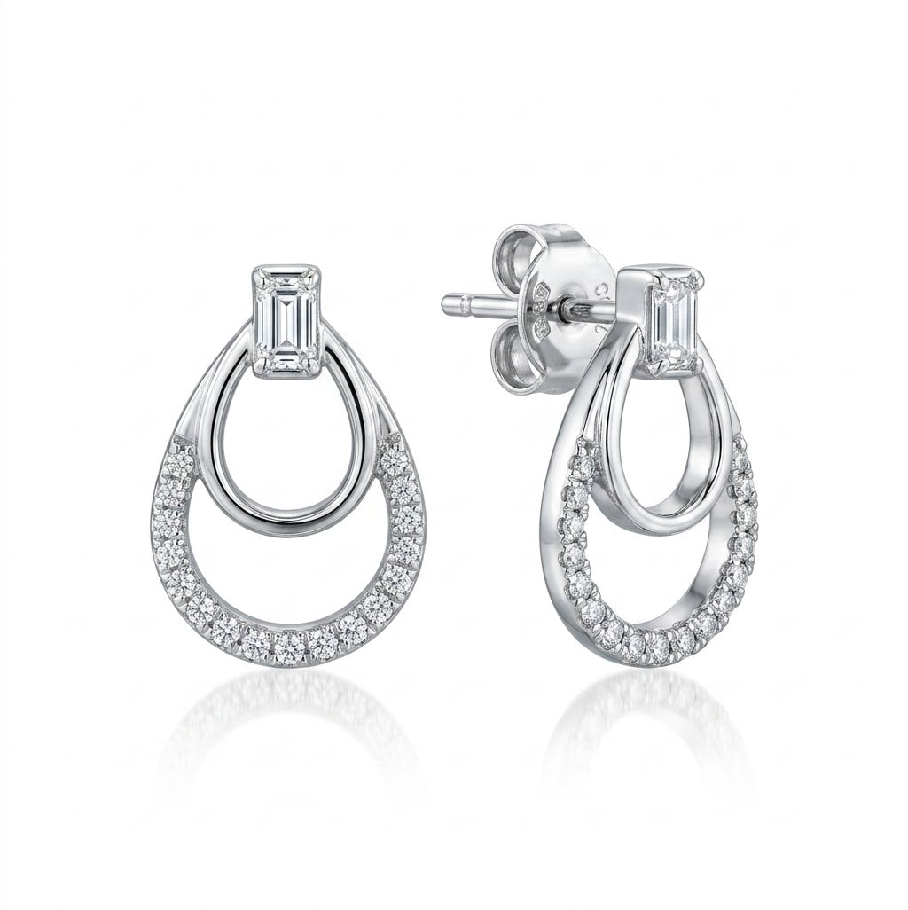9ct white gold pavé teardrop diamond earrings with emerald cut centre stones and double loop design by Cassim & Co Johannesburg