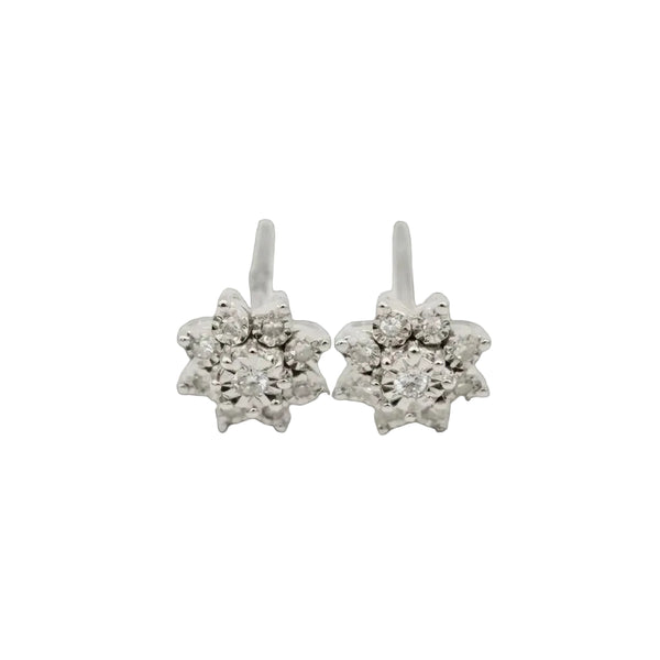 9ct White Gold 0.09ct Flower Cluster Stud Diamond Earrings - 2100395