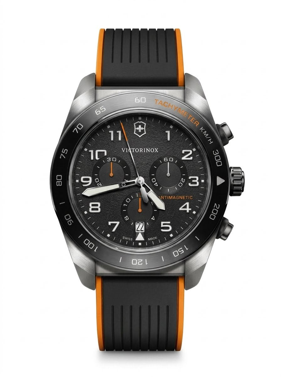 Victorinox Swiss Army Chronograph 242050 antimagnetic watch with black dial, ceramic tachymeter bezel, and orange rubber strap on white background
