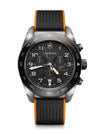 Victorinox Swiss Army Chronograph 242050 antimagnetic watch with black dial, ceramic tachymeter bezel, and orange rubber strap on white background