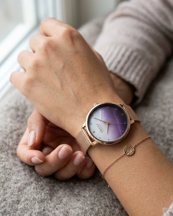Obaku Denmark V320LXVZMV Quartz Purple Gradient Dial Rose Gold Mesh Watch with Diamond
