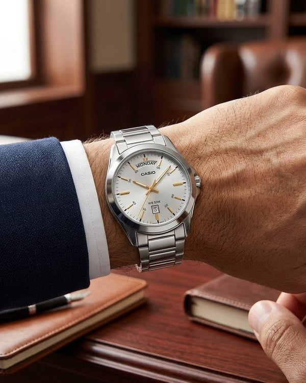 Casio MTP-1370D Day-Date Quartz Silver Dial Stainless Steel Watch (MTP-1370D-7A2VDF)