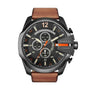 Diesel Mega Chief DZ4343 chronograph watch with 51mm gunmetal case, black dial, and brown leather strap