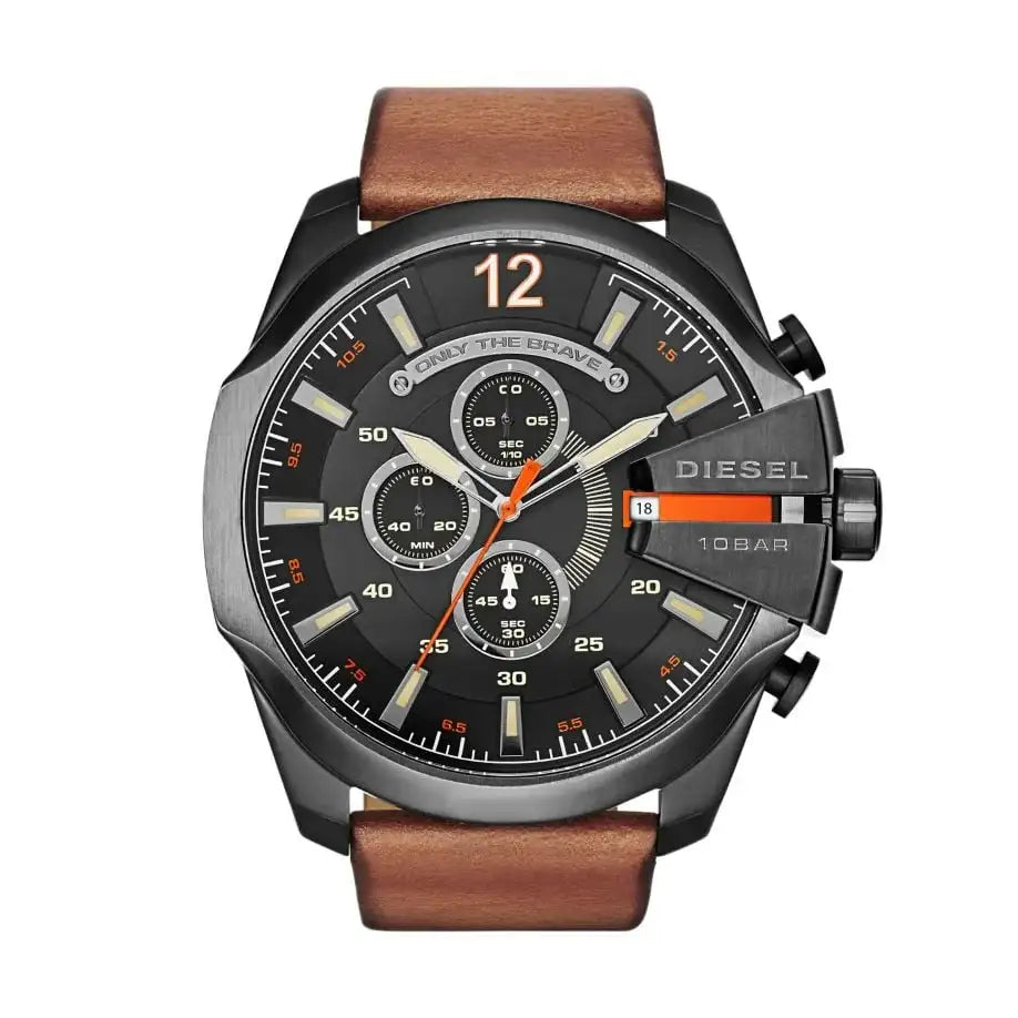 Diesel Mega Chief DZ4343 chronograph watch with 51mm gunmetal case, black dial, and brown leather strap