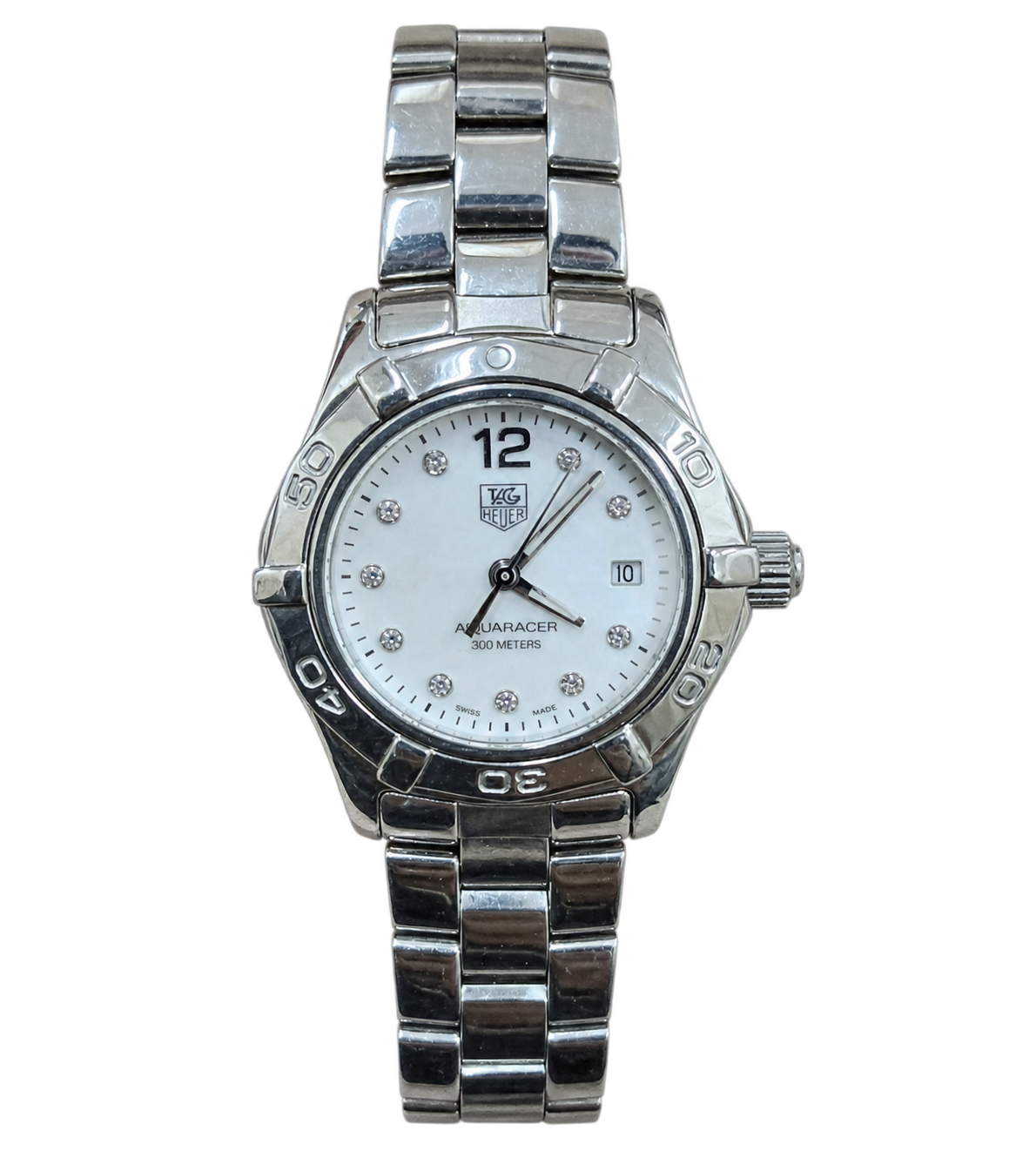 TAG Heuer Aquaracer ladies dive watch with 27mm stainless steel case, mother-of-pearl dial with diamond markers, and steel bracelet
