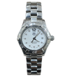 TAG Heuer Aquaracer ladies dive watch with 27mm stainless steel case, mother-of-pearl dial with diamond markers, and steel bracelet