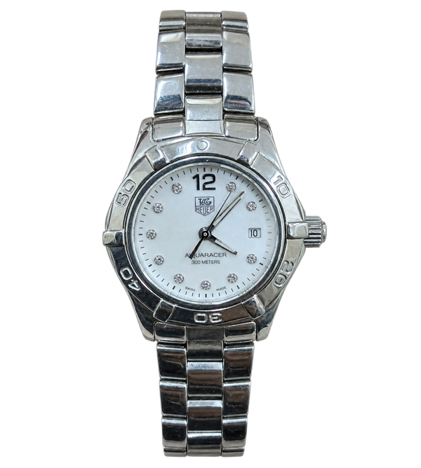 TAG Heuer Aquaracer ladies dive watch with 27mm stainless steel case, mother-of-pearl dial with diamond markers, and steel bracelet