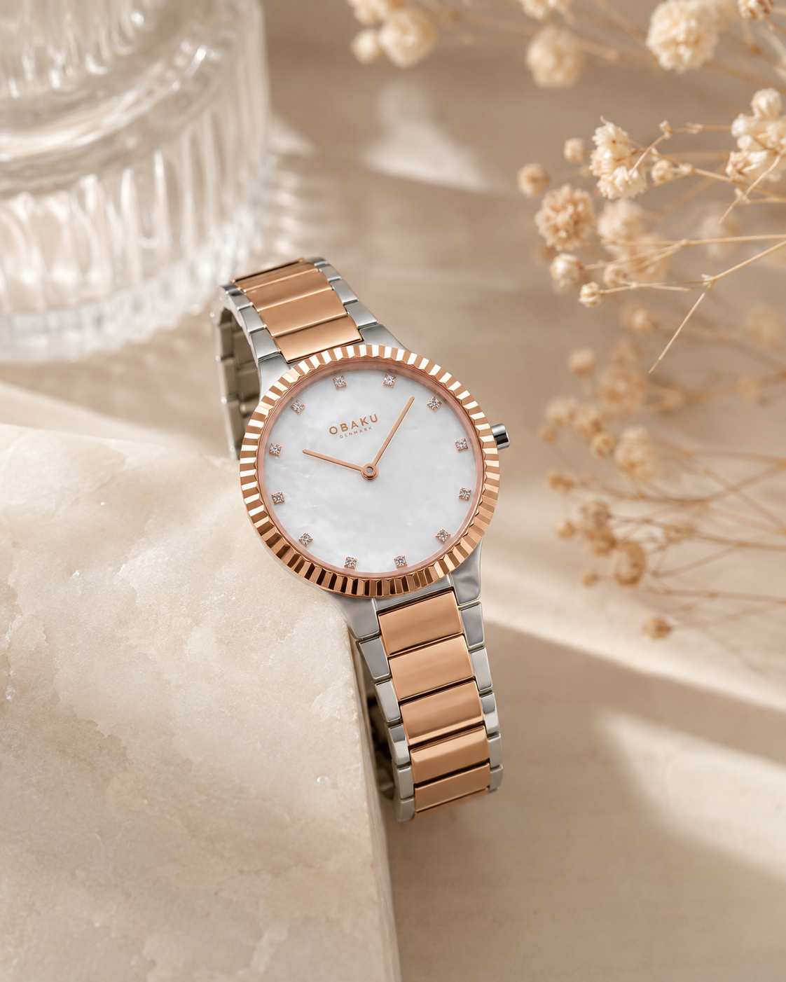 Obaku Linje Lille Quartz White MOP Dial Two-Tone Rose Gold & Stainless Steel Ladies Watch (V292LXZWSH)