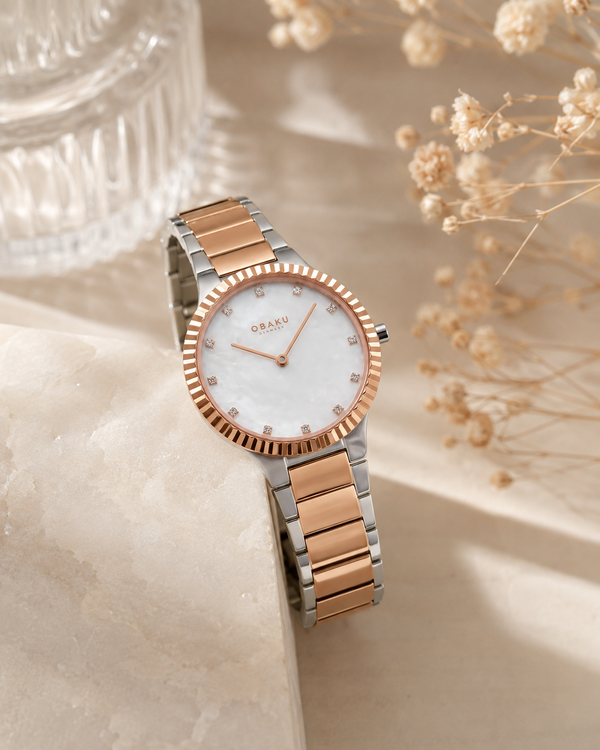 Obaku Linje Lille Quartz White MOP Dial Two-Tone Rose Gold & Stainless Steel Ladies Watch (V292LXZWSH)