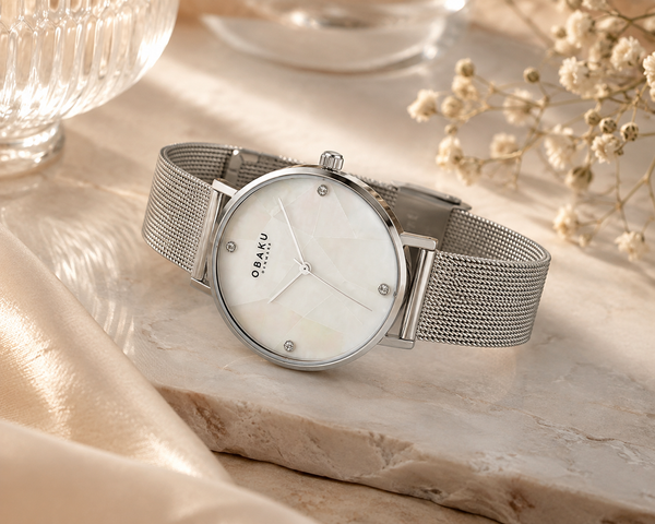Obaku Mosaik Quartz White Mother of Pearl Dial Stainless Steel Mesh Watch (V268LXCWMC)