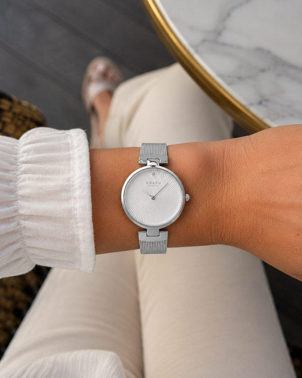 Obaku Diamant Quartz White Dial Stainless Steel Mesh Watch 32mm (V256LXCIMC)