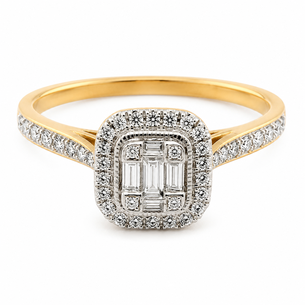 9ct yellow gold diamond engagement ring with baguette cluster and double cushion halo pave setting