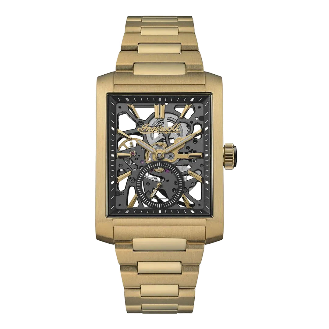 Ingersoll The Spur I17002 automatic skeleton dial watch with gold PVD stainless steel case and bracelet rectangular men's mechanical timepiece