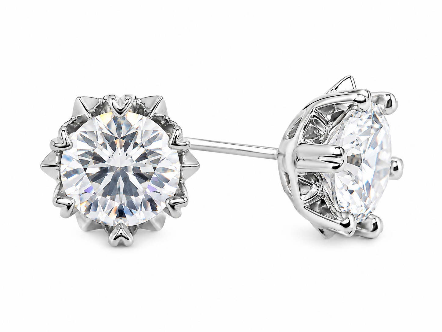 Sterling silver moissanite halo stud earrings with round cut centre stones and pavé accents by Cassim & Co Johannesburg